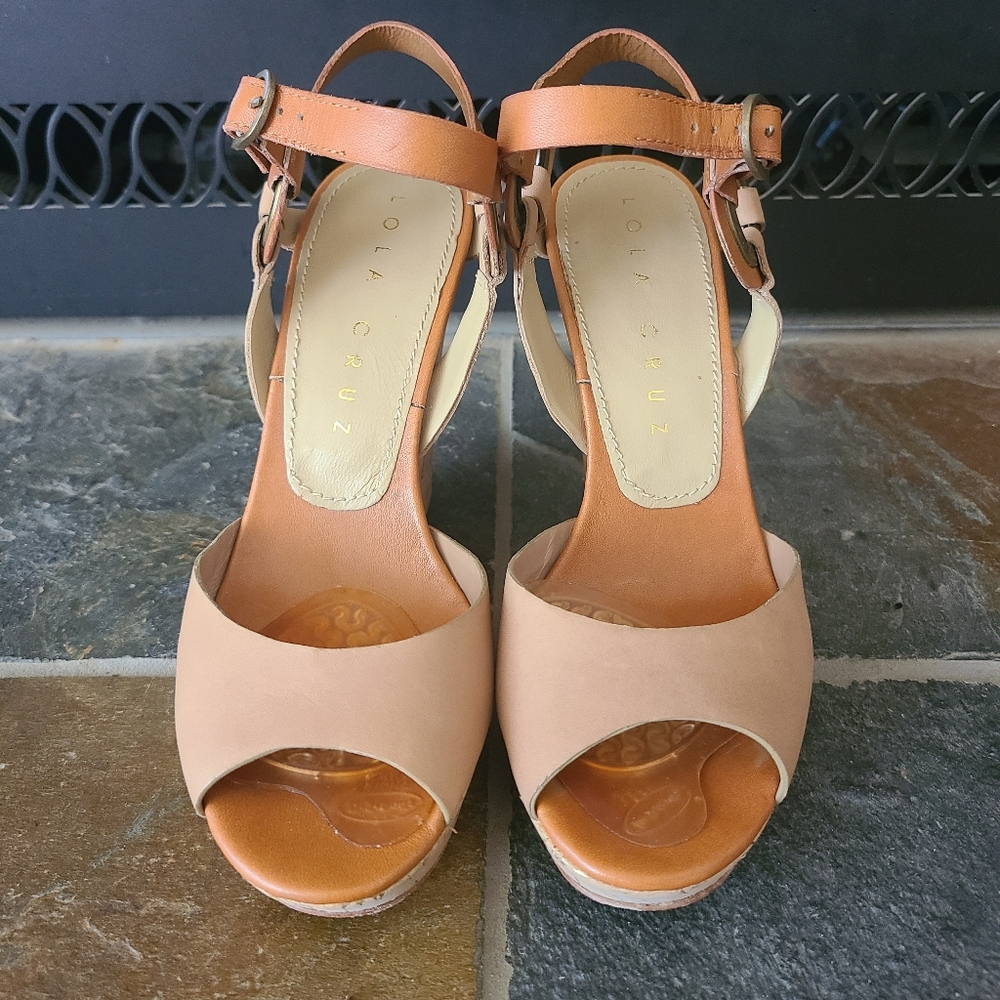 Lola Cruz Brown Leather and Cork Strappy Peep Toe Wedge Heels Size 36/US sz 6 - Picture 3 of 10